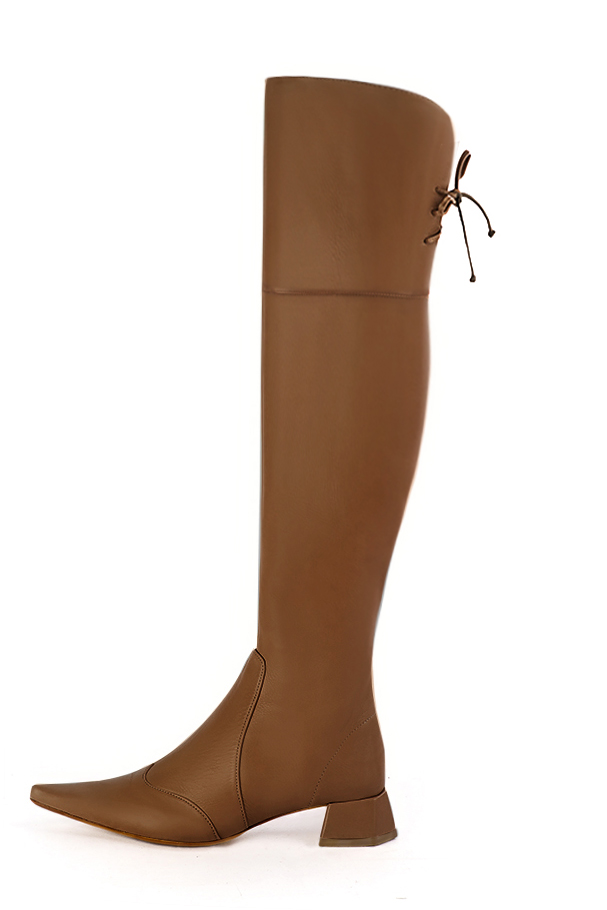 Caramel brown women's leather thigh-high boots. Pointed toe. Low flare heels. Made to measure. Profile view - Florence KOOIJMAN
